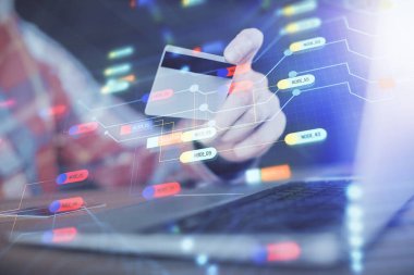 Elinde kredi kartı ve veri teması çizimi olan bir adamın ellerine iki kez maruz kalmış. E-ticaret ve teknoloji kavramı.