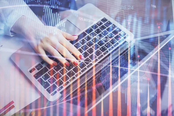 Double exposure of businesswoman hands typing on computer and financial graph hologram drawing. Stock market analysis concept. — Stock Photo, Image