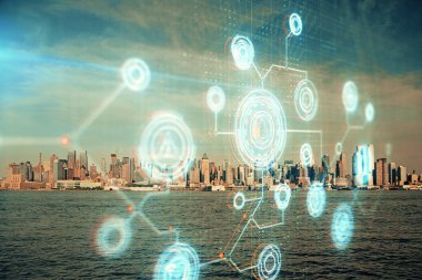 Veri temalı hologram gökdelenlerin arka planında çift pozlama ile şehir görünümüne çizim yapıyor. Teknoloji konsepti.