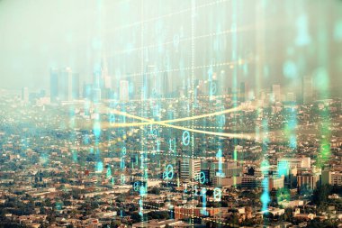 Veri temalı hologram gökdelenlerin arka planında çift pozlama ile şehir görünümüne çizim yapıyor. Teknoloji konsepti.