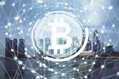 Kripto para birimi temalı hologram çizimine ve şehrin arka planına çoklu maruz kalma. Engelleme zinciri ve bitcoin kavramı.