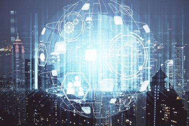 Sosyal ağ tema çizimi ve şehir manzarası arka planının çoklu pozlandırılması. Bağlantı insanları kavramı.