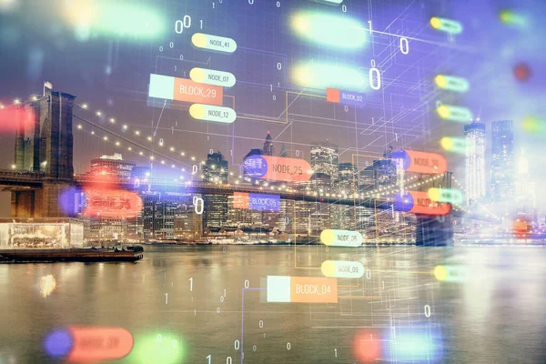 Data Tema Hologram Ritning Stadsbilden Med Skyskrapor Bakgrund Multi Exponering — Stockfoto