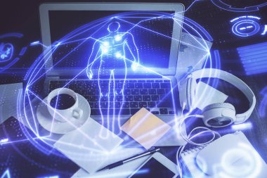 Masaüstü bilgisayar geçmişi ve eğitim teması çizimi. Çifte maruziyet. Konsept çalış.