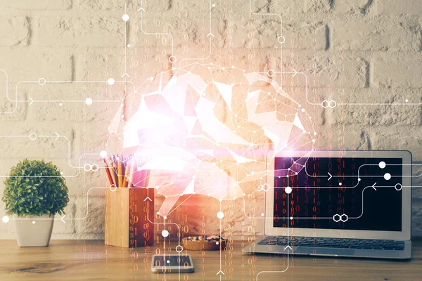 Dubbele Blootstelling Van Desktop Computer Menselijke Hersenen Tekenen Hologram Concept — Stockfoto