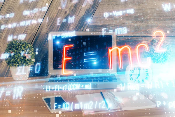 Desktop Computer Background Formula Hologram Writing Double Exposure Education Concept — Stock Photo, Image