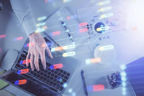 Double Exposure Man Hands Typing Computer Keyboard Data Theme Hologram — Stock Photo, Image