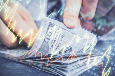 Forx grafiği, hologram, Amerikan dolarları ve insan eli çizimleri. Teknik Analiz kavramı.