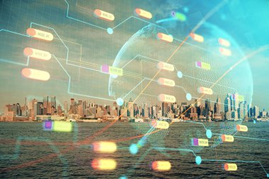 Şehir görünümünde harita ve veri temalı hologram ile gökdelenler arka planda çift pozlama. İş kavramında uluslararası teknoloji.