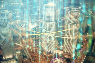 Veri temalı hologram gökdelenler arka planda çoklu pozlama ile şehir görünümüne çizim yapıyor. Ai kavramı.