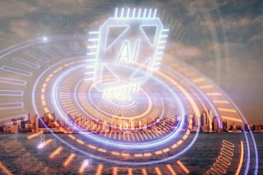 Veri temalı hologram gökdelenler arka planda çoklu pozlama ile şehir görünümüne çizim yapıyor. Büyük veri kavramı.