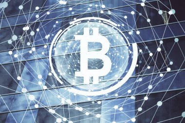Kripto para birimi temalı hologram çizimine ve şehrin arka planına çoklu maruz kalma. Engelleme zinciri ve bitcoin kavramı.