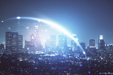 Sosyal ağ tema çizimi ve şehir manzarası arka planının çoklu pozlandırılması. Bağlantı insanları kavramı.