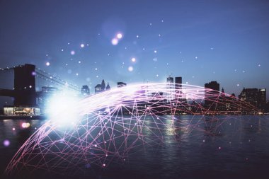 Sosyal ağ tema çizimi ve şehir manzarası arka planının çoklu pozlandırılması. Bağlantı insanları kavramı.