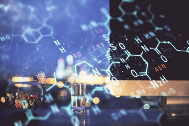 Masaüstü bilgisayar arkaplanı ve formül hologram yazımı. Çifte maruziyet. Eğitim kavramı.