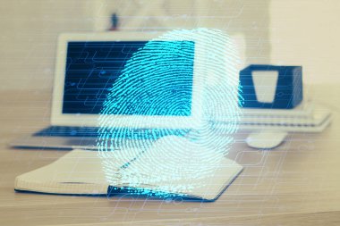 Ofisteki bilgisayarın parmak izi çizimi. Çifte maruziyet. İş veri güvenliği kavramı.