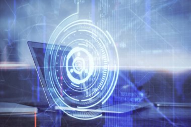 Bilgisayar ve teknoloji temalı holograma çifte maruz kalma. Serbest çalışma kavramı.