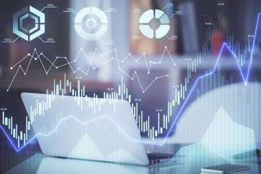 Bilgisayar geçmişi olan eski grafik hologramı. Çifte maruziyet. Finans piyasası kavramı.