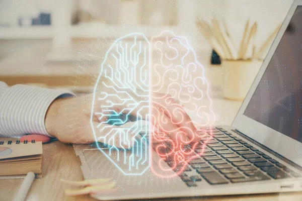 Hombre Escribiendo Fondo Del Teclado Con Holograma Cerebral Concepto Big —  Fotos de Stock