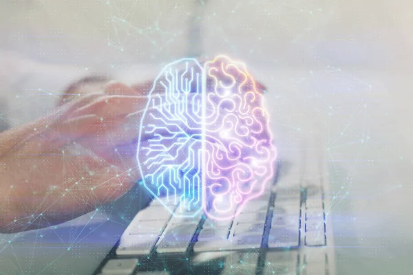 Homem Com Experiência Informática Com Holograma Tema Cerebral Conceito Brainstorm — Fotografia de Stock