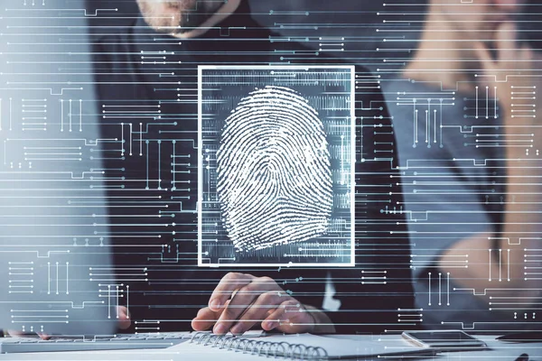 Fingerprint 그램은 컴퓨터에서 일하는 사업가와 만들어 졌습니다 — 스톡 사진