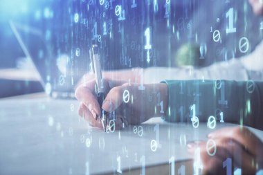 Veri temalı çizimin arka plan yazan insanların üzerine çifte pozlanması. Teknoloji kavramı