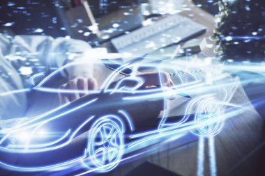 Teknik otomatik pilot temalı hologram, kadınların elleri üzerinde not alıyor. Yüksek teknoloji kavramı. Çift pozlama
