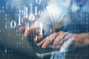 Veri temalı hologramın arka planda bilgisayar üzerinde çalışan bir adamla çoklu pozlandırılması. Yenilik kavramı.