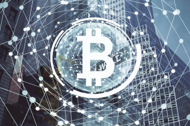 Kripto para birimi temalı hologram çizimi ve şehrin veiw arka planına çift pozlama. Engelleme zinciri ve bitcoin kavramı.