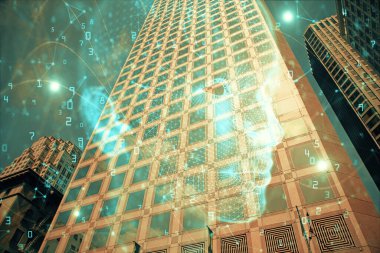 Şehrin arka planına beyin hologramı çizimi. Çifte maruz kalma. Beyin fırtınası konsepti.