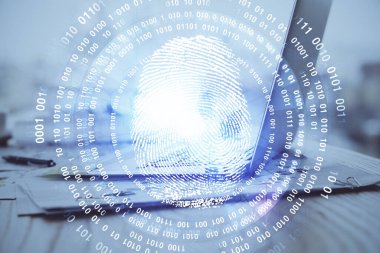 Ofisteki bilgisayarın parmak izi çizimi. Çifte maruziyet. İş veri güvenliği kavramı.