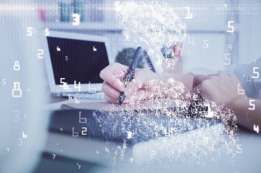 Teknik temalı hologram kadınların ellerinden üstündür. Yüksek teknoloji kavramı. Çift pozlama