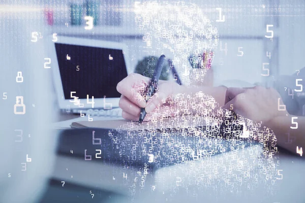 Tech theme hologram over womans hands taking notes background. Concept of hightech. Double exposure — Stock Photo, Image