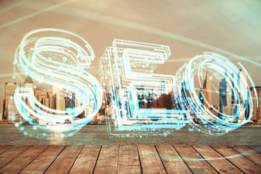 Şehir manzaralı SEO hologramı. Gökdelenler arka planda çift pozlama. Arama optimizasyon kavramı.