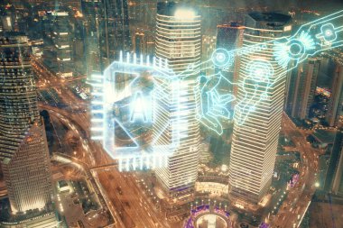 Veri temalı hologram gökdelenler arka planda çoklu pozlama ile şehir görünümüne çizim yapıyor. Ai kavramı.