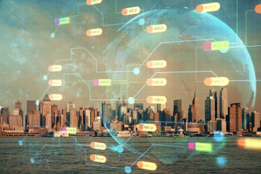 Veri temalı hologram gökdelenler arka planda çoklu pozlama ile şehir görünümüne çizim yapıyor. Büyük veri kavramı.