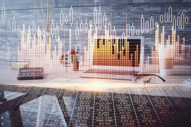 Finansal grafik çizimine ve ofis içi arka planına çifte maruz kalma. Borsa konsepti.