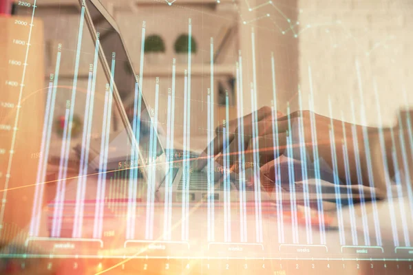 Double exposure of woman hands typing on computer and forex chart hologram drawing. Stock market invest concept. — Stock Photo, Image