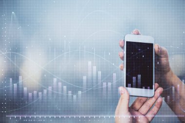 Ön x grafik çizimine çift pozlama hologram ve cep telefonu kullanan bir kadın. Borsa konsepti.