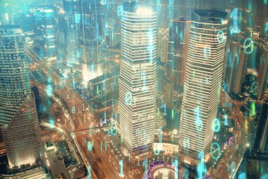 Veri temalı hologram gökdelenler arka planda çoklu pozlama ile şehir görünümüne çizim yapıyor. Ai kavramı.