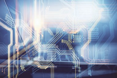 Bilgisayarlı ve dünya haritalı hologramlı çok katlı bir tablo. Uluslararası veri ağı kavramı.