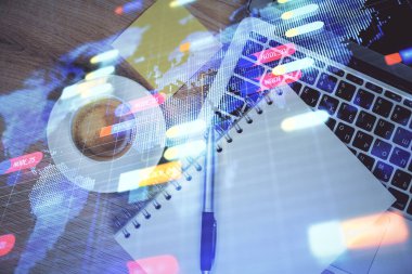 Çalışma masası arkaplanının üstünde bilgisayarla hologram çizen veriye çifte maruz kalma. Ai kavramı.