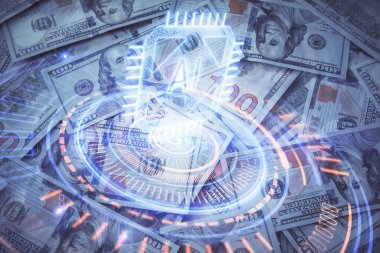 İki kez veri temasına maruz kalınca dolar banknotları arka planda kalıyor. Teknoloji konsepti.