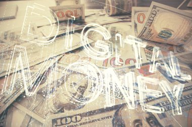 Şifreli temanın çoklu pozu bize dolar banknotları arkaplanı çiziyor. Engelleme zinciri başarısı kavramı.