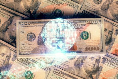 Şifreli temanın çoklu pozu bize dolar banknotları arkaplanı çiziyor. Engelleme zinciri başarısı kavramı.