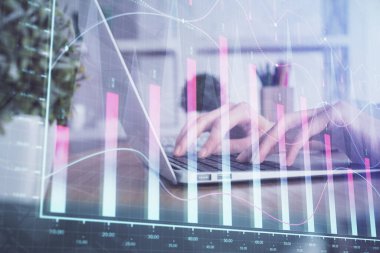 Bilgisayarda ve ön x grafik hologram çiziminde kadın eli yazarken çift pozlama. Borsa yatırım kavramı.