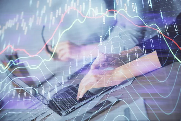 Multi Exposure Woman Hands Typing Computer Financial Chart Hologram Drawing — Stock Photo, Image