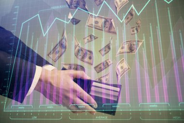 Finansal grafiğe çoklu pozlama hologram, Amerikan dolarları ve insan eli. Analiz kavramı.