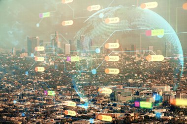 Veri temalı hologram gökdelenlerin arka planında çift pozlama ile şehir görünümüne çizim yapıyor. Teknoloji konsepti.