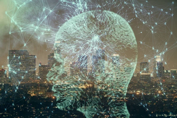 Şehrin Arka Planına Beyin Hologramı Çizimi Çifte Maruz Kalma Beyin — Stok fotoğraf